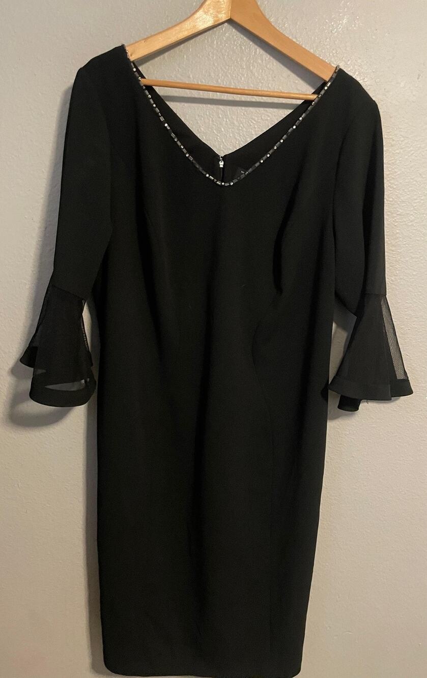 Alex Evenings Black Midi Dress with Beaded V-Neck